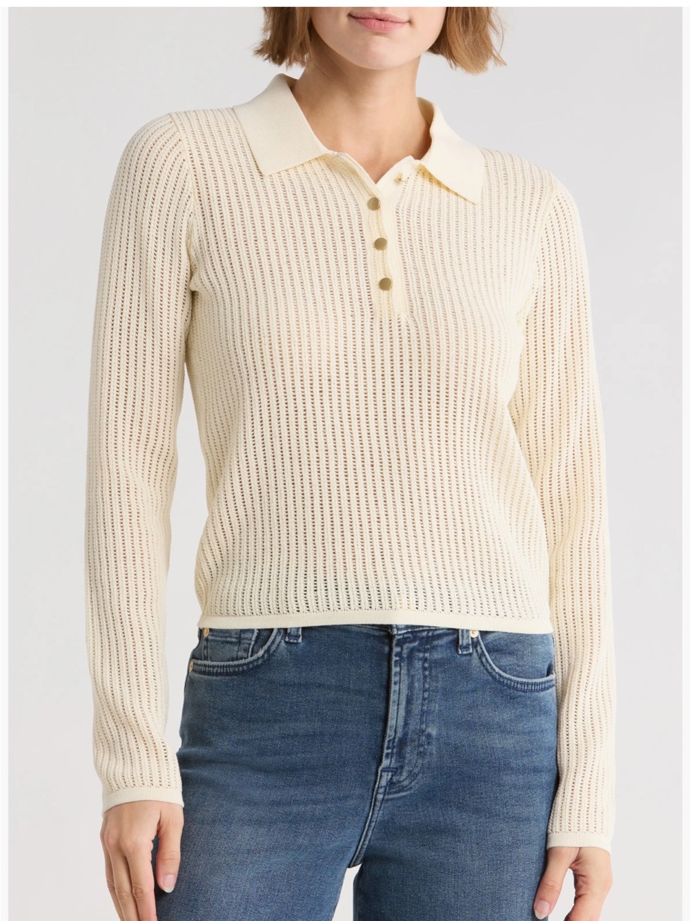 rag & bone Vivi Long Sleeve Pointelle Stitch Polo in cream small